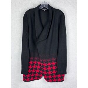 Parkhurst Open Front Cardigan Sweater Wool Blend Houndstooth Black Red L‎